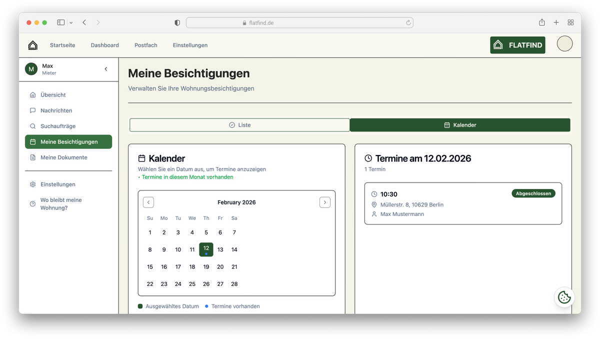 Flatfind Besichtigungsmanager im Safari Browser
