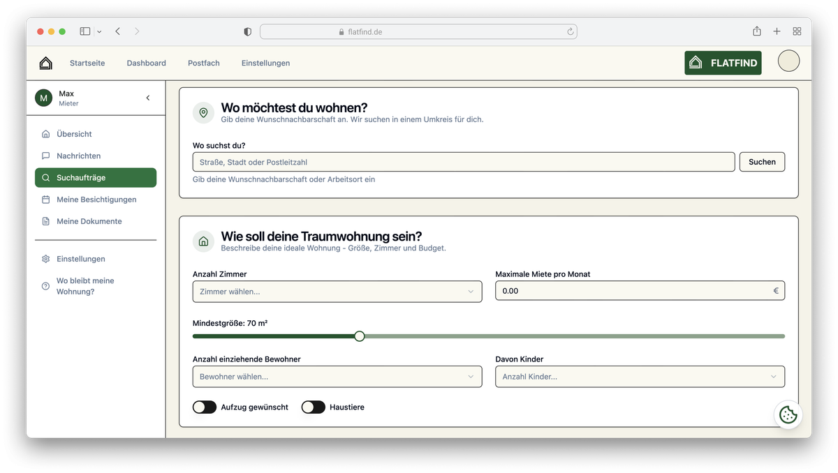 Flatfind Suchauftrag Maske im Safari Browser